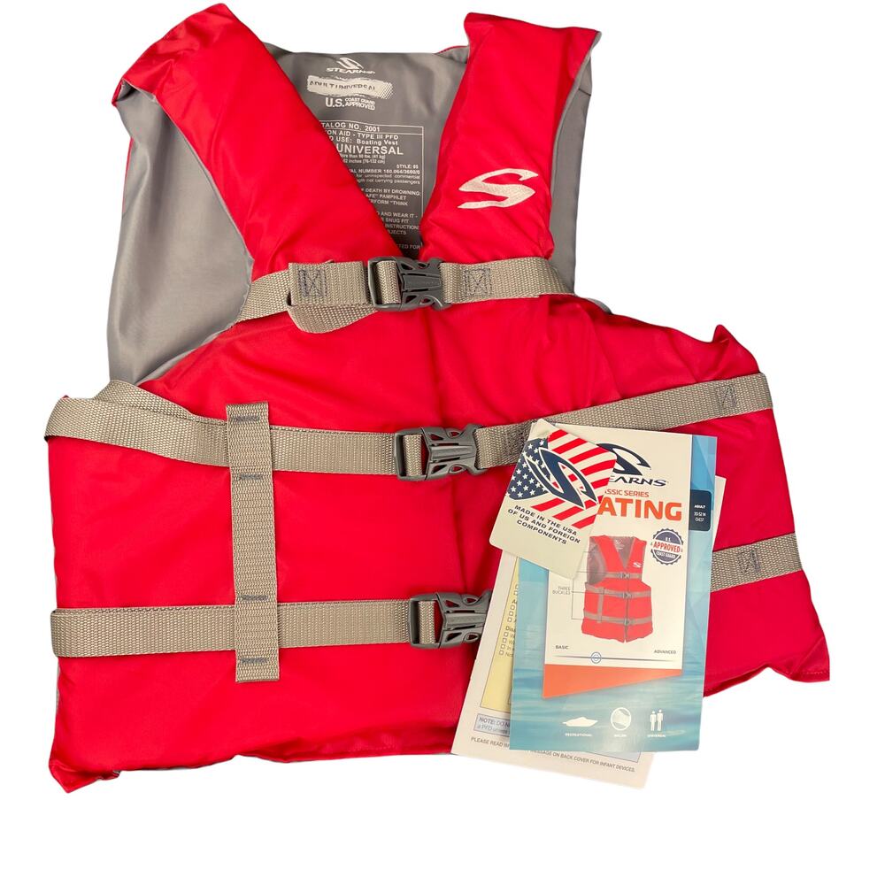 Adult Universal Size Vest Fits Chest Size 30" to 52" Life Jacket, Red/Gray, New